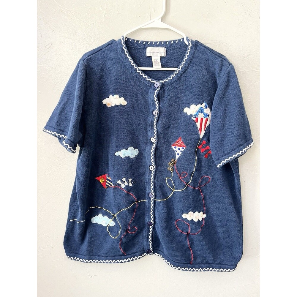 Vintage Susan Graver Size 1X Embroidered Cardigan Sweater Top Patriotic Y2K